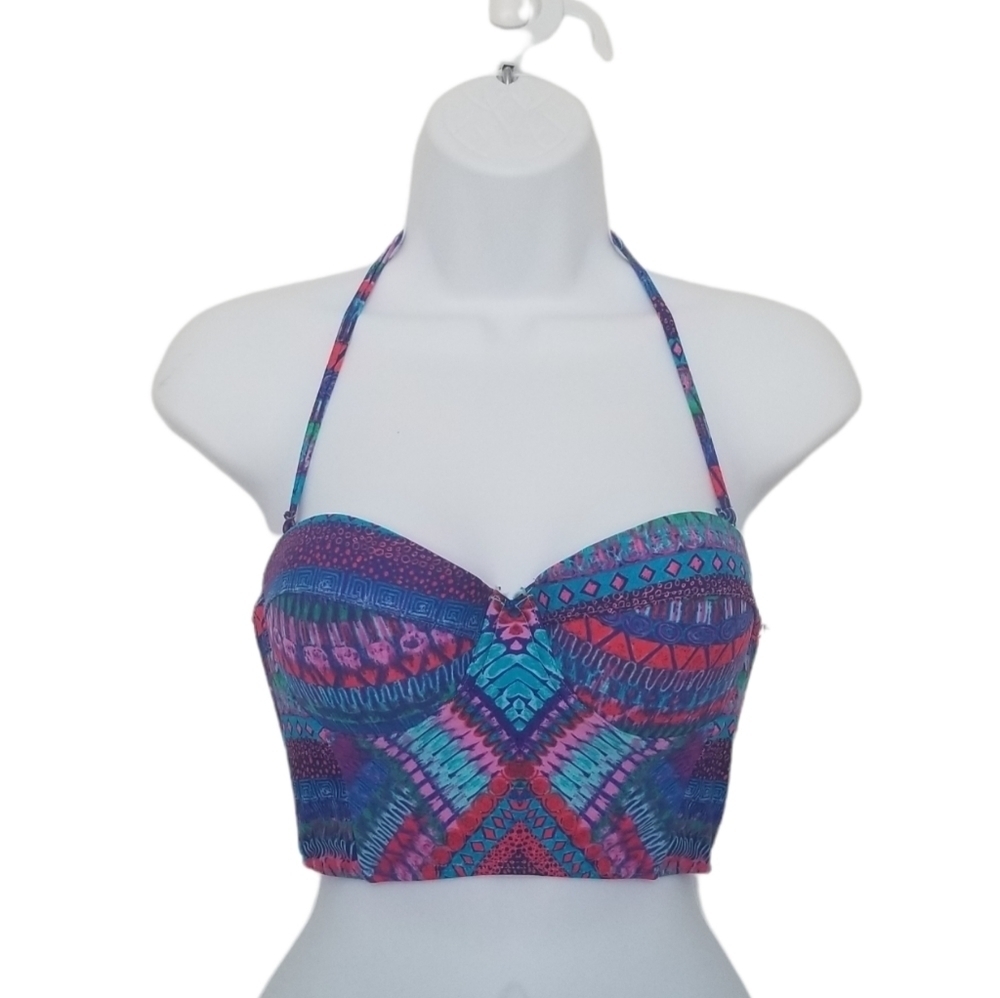 Forever 21 Colorful Aztec Print Bustier Style Halter Strappy Back Bikini Top.